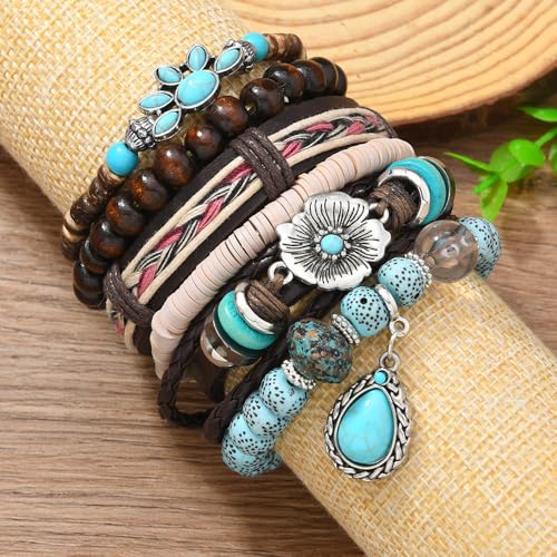 Western Outfits for Women Turquoise Western Bracelets Bohemian Vintage Stackable Beaded Leather Bracelets Adjustable Hand-woven Layered Bracelet Western Country Concert Jewelry for Women - style: Turquoise Flower
