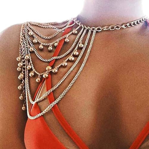 Yomiie Gold Body Chain Layered Tassels Shoulder Chain Bikini Beach Anniversary Festival for Women Uniform Dress Bikini Shoulder Accessories