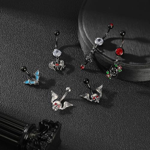 14G Surgical Stainless Steel Dangle Belly Button Rings for Women Belly Ring Dangling Piercing Jewelry CZ Snake lizard Skull Spider bat Halloween Party Punk Rock - style: Rose Skeleton