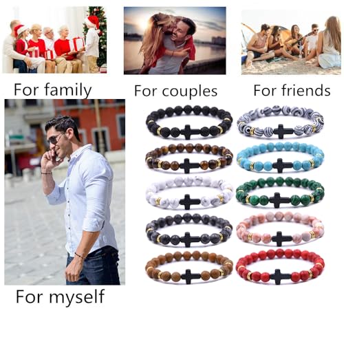 Beaded Bracelets Cross Bracelet for Women Men Lava Rock Turquoise Tiger Eye Natural Bracelet Anxiety Healing - color: 10 Pcs- black cross 1