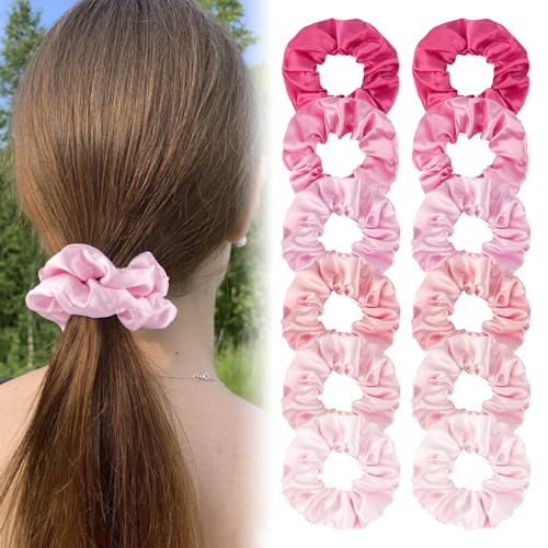 Satin Scrunchies Set of 12 - Elastic Silk Bubble for Girls, Pink Hair Accessories and Valentine's Day Gifts - color: Pink