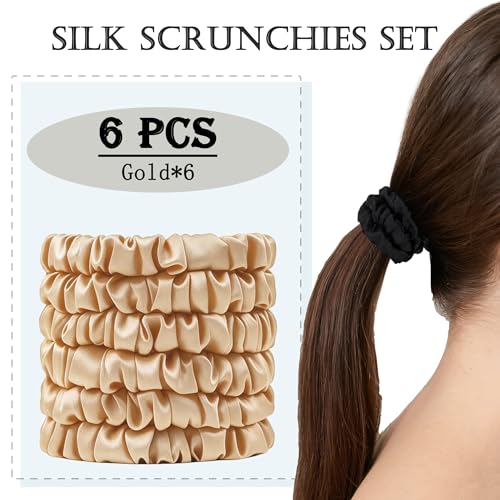 22 Momme 100% Silk Hair Ties, 6PCS No Damage Scrunchies for Women | 100% Pure Mulberry Silk Hair Ties, No Crease No Damage, Soft Gentle for Hair Care, Suitable for Sleeping, Gold - color: Gold*6