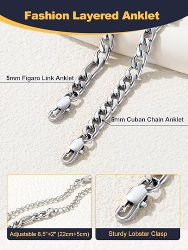 U7 2Pcs/3Pcs Ankle Bracelets for Women, Stainless Steel Cuban Link/Figaro/Rope/Heart Chain Anklets Sets,Waterproof Layered Anklets Adjustable 8.5"-10.5" - color: 01. 2Pcs Style A-Stainless Steel