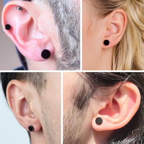 Hypoallergenic Black Stud Earrings for Men Women: 6 Pairs Flat Back Stainless Steel Cartilage Piercing Ear Tunnel 5mm-10mm - style: 6Pairs-Black-Studs