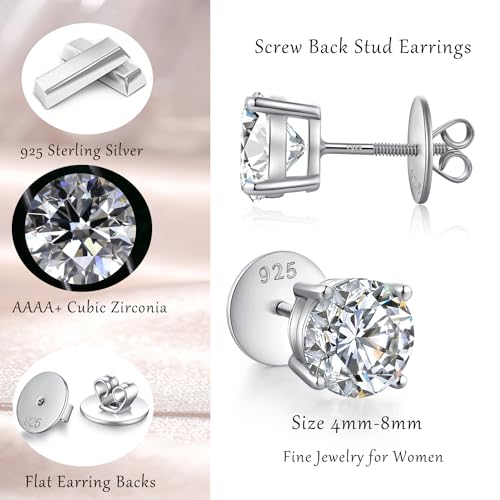 Jiamiaoi Stud Earrings Screw Back Sterling Silver Cubic Zirconia Stud Earrings Set 4 Millimeters-8 Millimeters Nickle Free Hypoallergenic Earring Studs - color: D-Flat-Round Silver, size: 7mm