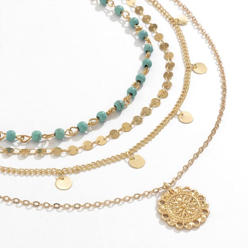 Layered Gold Necklace Set with Coin Pendant Boho Beaded Design Adjustable Chain Jewelry for Everyday Stacking Accessories - color: C