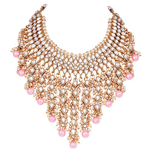 Aheli Elegant Indian Wedding Wear Faux Kundan Studded Choker Necklace with Maang Tikka Set Ethnic Fashion Jewelry for Women Maroon Kundan & Pearl Drop - color: Pink