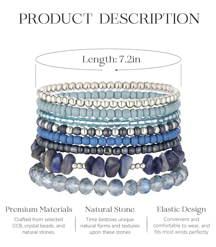 Noessla Boho Beaded Bracelets for Women Stackable Irregular Natural Stone Bead Stretch Bracelet Set 8PCS Costume Jewelry Gifts for Her - color: Navy Blue