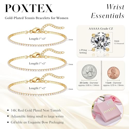 925 Sterling Silver Bracelets for Women Stack, Trendy Tennis Bangle Cuff Jewelry Set 14K Gold Plated, Adjustable Bracelet Set for Wrist Essentials, Women Fashion Watch Band Acecessories - style: Bracelet_3pcs(Gold Tennis Set 2mm)