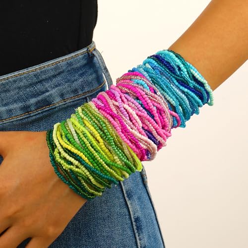 Soyzvteo 17Pcs Elastic Beaded Bracelets Bohemian Stackable Beaded Stretch Bracelets Colorful Boho Beach Bracelet Set Rainbow Handmade Seed Beach Bracelet Jewelry - color: 30Pcs/Hot Pink