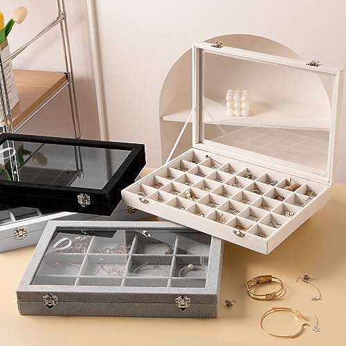Frebeauty Velvet Jewelry Tray,35 Grid Jewelry Organizer with Clear Lid,Earring Holder Organizer Case with Clasp,Drawer Insert for Rings Studs,13.8 x 9.5 x 2 Inches,Gift for Women Girls(Black) | Drawer Jewelry Organizer for Rings Studs Beads,Adjustable Div