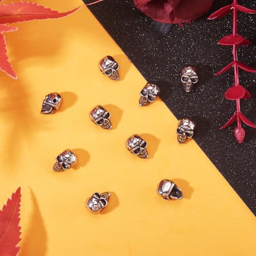 Elecrelive 10Pcs Skeleton Skull Beads Stainless Steel Skull Head Beads Halloween Charms for Gothic Necklace Bracelets Earrings Jewelry Making - color: Steel Color
