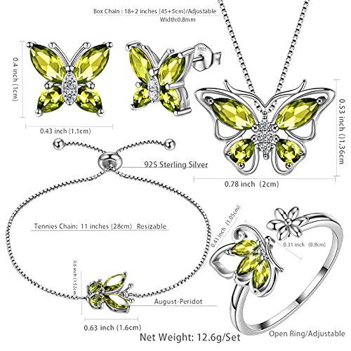 Aurora Tears Butterfly Jewelry,Women 925 Sterling Silver Butterflies Birthstone Pendant Necklace/Earrings/Rings Wedding Gift - color: H.August-set 3
