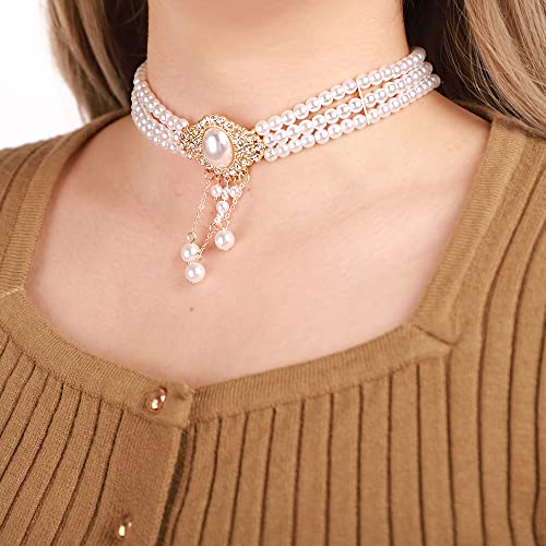 Xerling Vintage 1920s Layered Faux Pearl Choker Necklaces Imitation Pearl Rhinestones Pendant Chains Flapper Costume Necklaces for Party