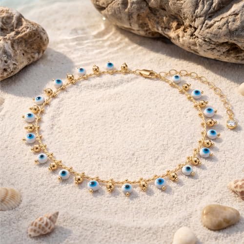 Gold Anklets for Women 14K Gold Plated Tiny Bead Anklet Colorful Tassel Foot Chain Dainty Adjustable Cute Summer Beach Boho Anklets Jewelry Gift - color: blue evil eye