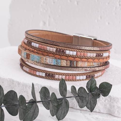 Boho Layered Leather Wrap Bracelets Chunky Western Country Hippie Jewelry | Stackable Bohemian Cowgirl Magnetic Clasp Cuff Bangle Set Fashion Stack Statement Festival Trendy Jewelry Gifts for Women - color: Brown