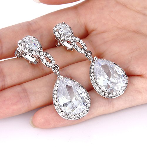 EVER FAITH Cubic Zirconia Wedding Earrings for Women Brides, Austrian Crystal Birthstone 8-Shape Infinity Bridal Dangle Earring - style: Clip-on_Clear Silver-Tone