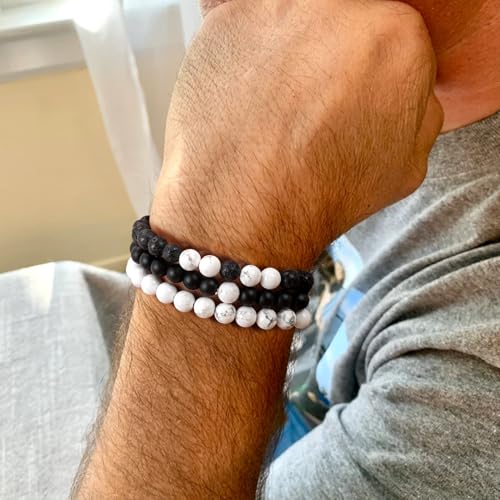 Mens Bead Bracelet Set - Adjustable Elastic Rope With 6&8MM Natural Stone Multi-Colored Beads - Tiger Eye Bracelets for Men - Gift - style: 3,white,black bracelet