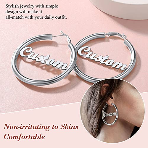 FindChic Hoop Earrings for Women, Silver/Black/14K Gold Plated Hypoallergenic Hollow Round Tube Loop Earrings, 20mm/30mm/40mm/60mm/80mm Chunky Hoops with Custom Name Options & Gift Box - color: e.Silver (Custom Name), size: 40MM