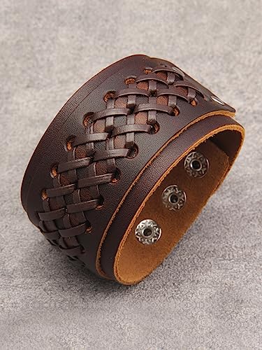 Jeilwiy Punk Leather Wristbands for Men Bracelets Handmade Wide Cuff Bangle Braided Jewelry Black Brown Adjustable - Punk Father's Gifts - color: Leather Cuff