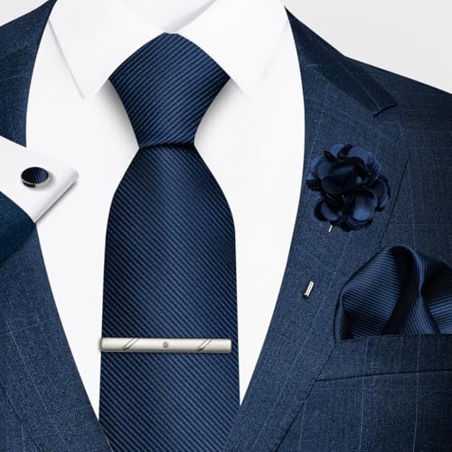 joy alice 30 Colors Solid Ties for Man Pure Color Men's Tie Set with Lapel Pin Pocket Square Tie Clip - color: Navy Blue