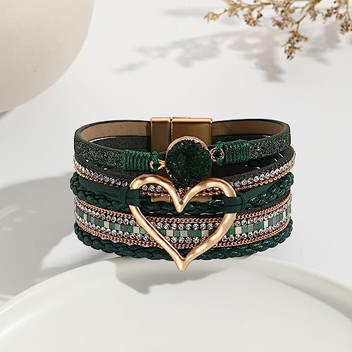 Fuqimanman2020 Heart Leather Wrap Bracelets Boho Stackable Cuff Bangles Resin Stone Rhinestone Bracelets with Clasp Christmas Jewelry Gift for Women - color: Deep Green