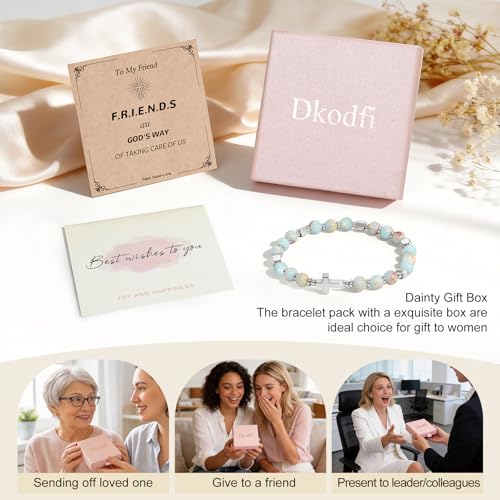 Natural Stone Stretch Bracelet for Women - Holy Water Elastic Cross Bracelet | Christmas Christian Baptism Gift, Meaningful Gifts, Unique Gift for Friends Mom Daughter Sister - style: cross-Happy 13th