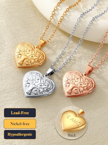 U7 Women Locket Necklace, Heart Photo Lockets Hold Picture, Gift Box Packed | Gold/Silver/Rose Locket Charm, Custom Picture and Engravement Heart Pendant, 20" Chain, Personalized Gift for Mom Wife Friend - color: 04# Gold(Tree of Life)