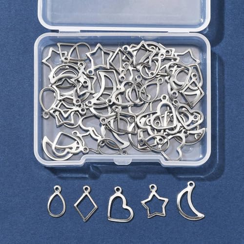 8-64Pcs Silver Goldern Color Heart Pendants Charms 10 Styles Heart Stainless Steel Metal Charms for Jewelry Making Crafting Necklaces Bracelets Earrings Keychains Birthday Gift - color: Silver 5 Shapes-60 pcs