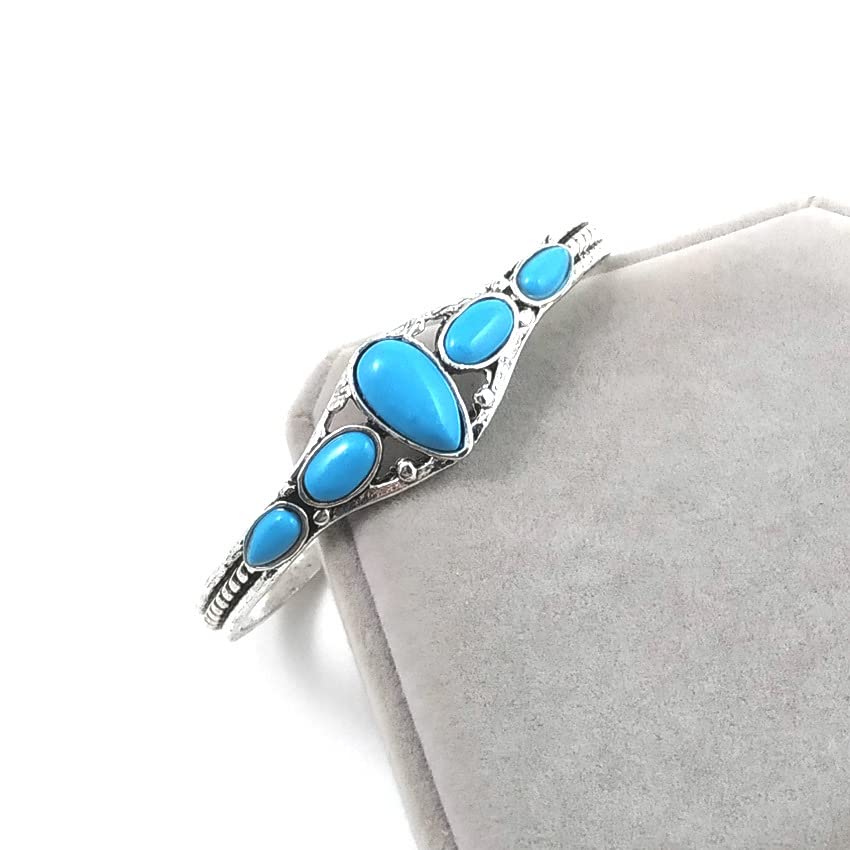 Bohemian Natural Stone Turquoise Engraved Cuff Bracelet Adjustable Wrap Bangle Western National Style for Women Gemstone Boho Jewelry - color: G