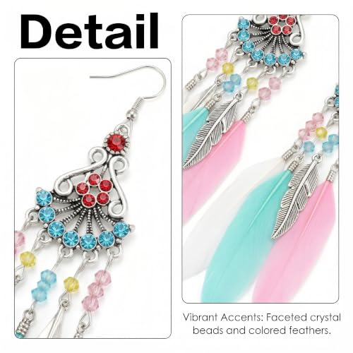 FRESHME Feather Earrings for Women - Native American Jewelry Boho Dangle Ethnic Indian Ear Drop for Music Festival Birthday - color: Little Coloful