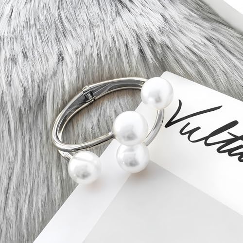 Gold Pearl Hand Cuff Bracelets for Women Chunky Large Pearls Cuffs Statement Bracelet Luxury Big Fake Faux Pearl Ball Handcuffs Jewelry Unique Pearly Gifts - color: Silver