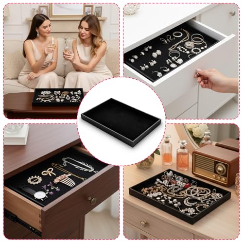 6 Pcs Velvet Stackable Jewelry Organizer Trays Showcase Display Tray Bracelet Ring Earring Necklace Organizer Empty Plate for Drawers Countertop (Black)