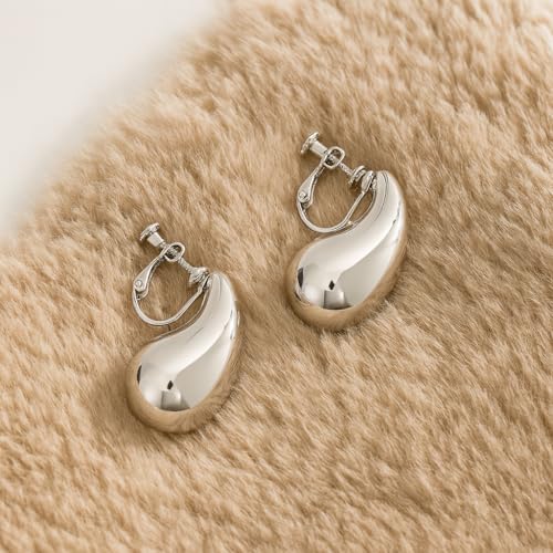 14K Gold Clip On Earrings Women,Teardrop Chunky Detachable Hoop Clip-On Earrings for Non Pierced Ears Hypoallergenic Lightweight Earring Clips - color: Silver