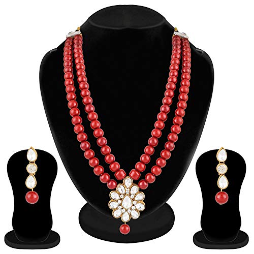 Aheli Wedding Faux Kundan Pendant Beaded Necklace Earrings Set Bollywood Indian Bharatanatyam jewellery set Gift for Women - color: Maroon