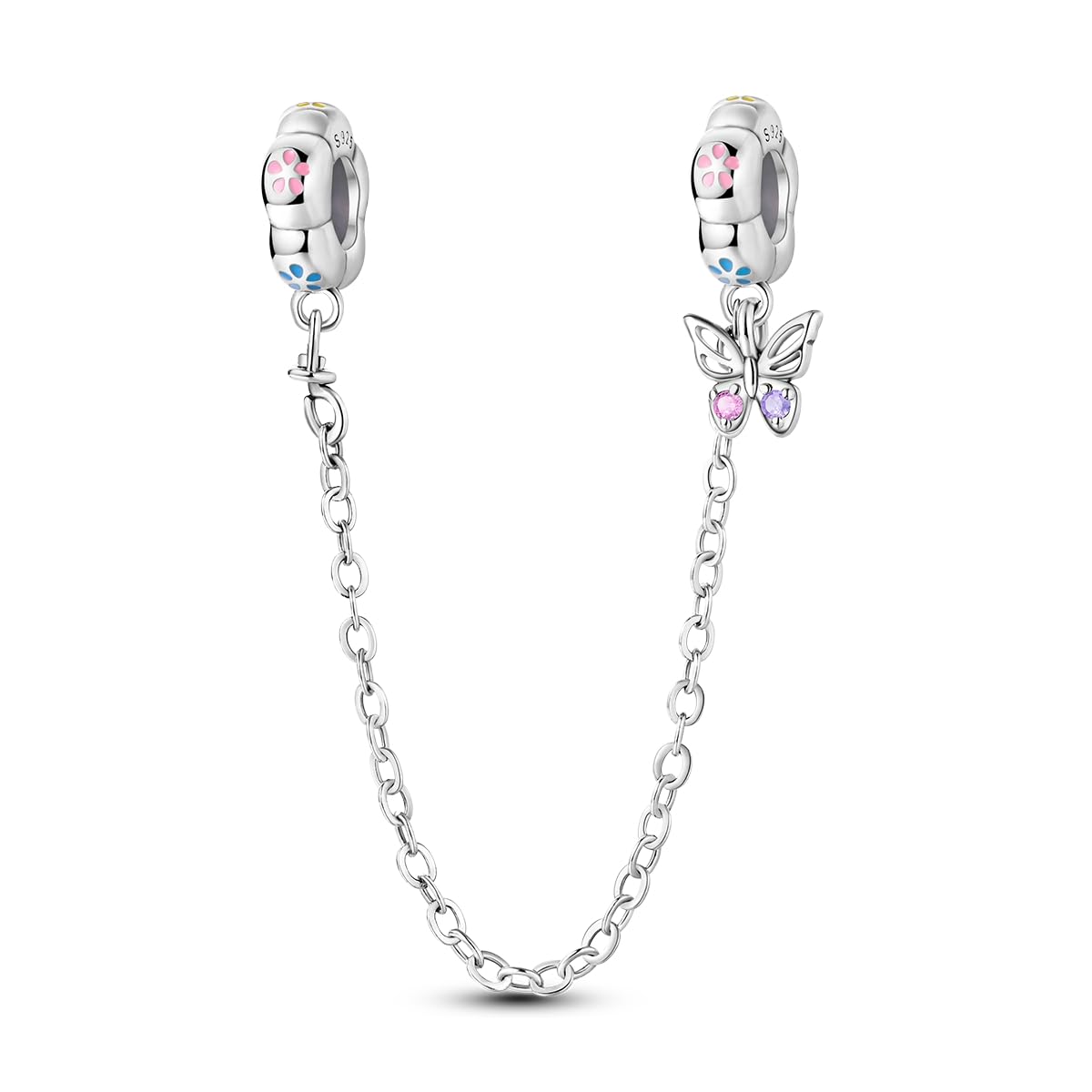 925 Sterling silver Safety Chain Charm for Bracelet Pendants Clip Beads | Infinite Love Butterfly Evil Eye Stopper Spacer dangle Charm for Woman Jewelry Gift - color: Spring Butterfly