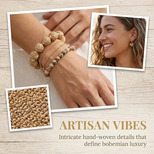 Coiris Rattan Raffia Woven Adjustable Boho Bracelet for Women | Handmade Bracelets Stretch Bracelet - color: Light Brown