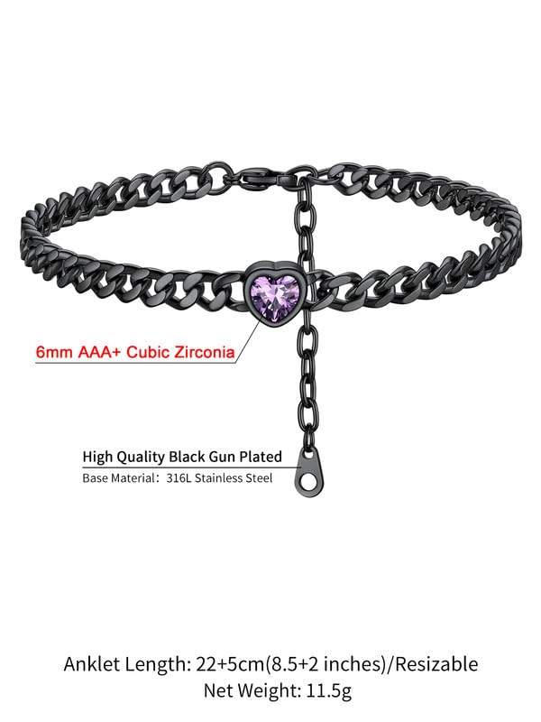 ChainsHouse Cuban Chain Anklets for Women with Heart Birthstone Jan - Dec | Stainless Steel Black Link Chain Ankle Bracelet with Birthstone, Beach Women Anklet 22cm-27cm Adjustable, with Gift Box - color: 02. Feb-Amethyst-Black
