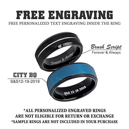0.21ct Aquamarine 3-Stone Tungsten Ring - March Birthstone - 8MM Two-Tone Blue-Plated Hammered Center Silver Groove Stepped Edge Comfort Fit Unisex Wedding Anniversary Band