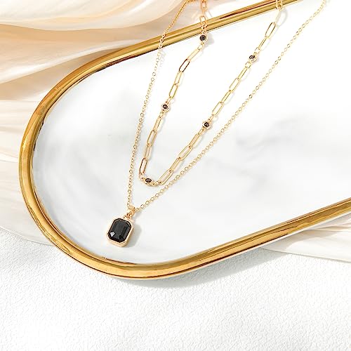 Gold Layered Necklaces for Women, 18k Gold Plated Crystal Necklace Paperclip Choker Emerald Green Jewelry for Women Gifts - color: Black