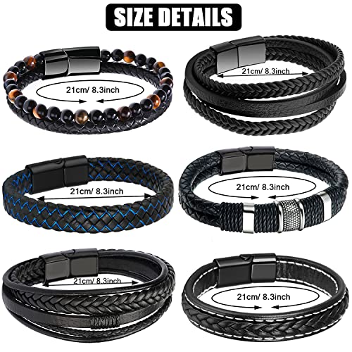 RIOSO 6 Pieces Mens Leather Bracelet Stainless Steel Multi-layer Braided Black Leather Bracelets for Men