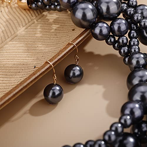 Wiwpar 2PCS Large Chunky Statement Faux Pearl Bib Choker Necklace and Earring Set for Party Wedding Ladies - color: black