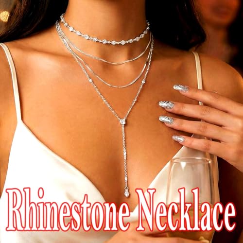 Rhinestone Y Choker Neckalce Silver Layered Necklaces for Women | Elegant Long Drop Necklace Sparkly Crystal Prom Jewelry