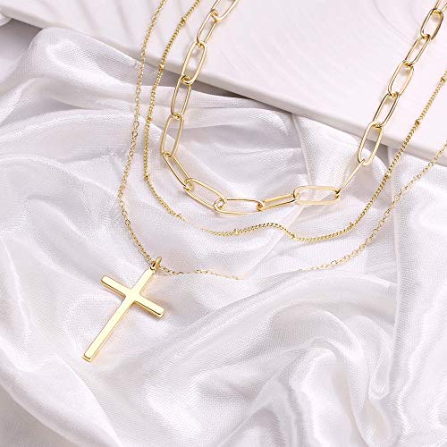 Turandoss Dainty Layered Choker Necklace, Handmade Y Pendant Necklace Multilayer Bar Disc Necklace Adjustable Layering Choker Necklaces for Women - style: 3PCS - Link Chain&Beads Chain&Cross