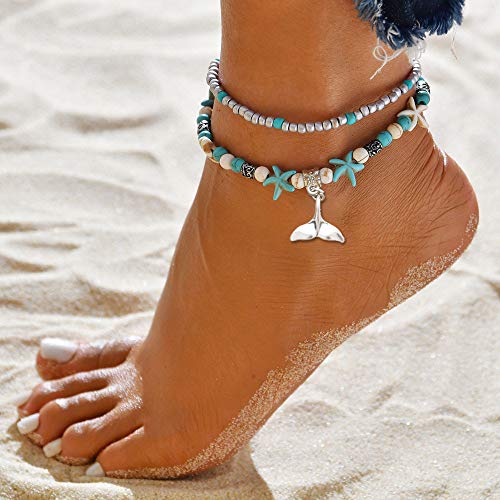 Softones Blue Starfish Turtle Anklet Multilayer Charm Beads Sea Handmade Boho Anklet Foot Jewelry for Women - style: H:4pcs Animal Anklets