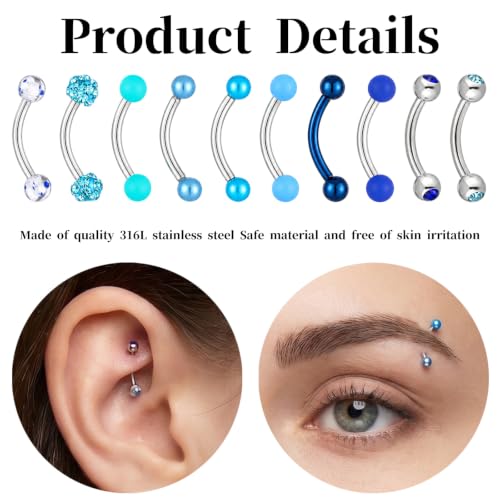 10 Eyebrow Rook Piercing Jewelry Set With Blue Balls for Women Men | Vertical Labret Lip Jewelry Earrings Curved Barbell Piercings Eyebrow Rings Women Tiny Ear Rook Helix Conch Daith Belly Rings