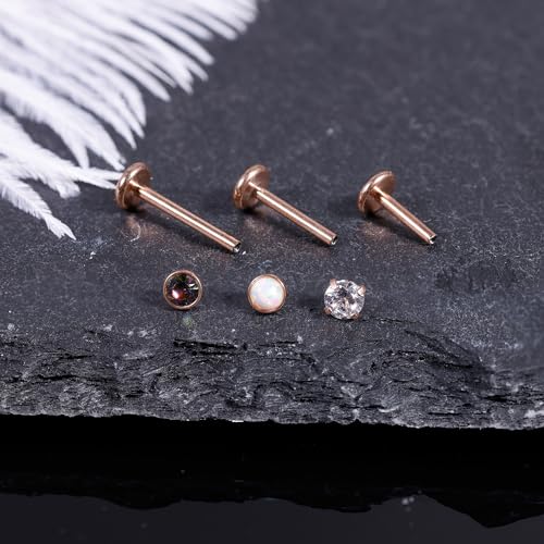 16G 18G 3PCS G23 Titanium Internally Threaded Labret Monroe Stud Lip Rings Opal CZCartilage Helix Tragus Stud Earrings Conch Stud Titanium Piercing Jewelry for Sensitive Skin 6MM 8MM 10MM - style: 16G-Rose Gold
