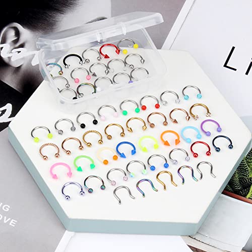 ONESING 53-80 Pcs Septum Rings 16g, Septum Rings for Women Septum Piercing Jewelry Horseshoe Nose Hoop Rings Lip Tragus Cartilage Earrings Stainless Steel Body jewelry 10mm - color: MixcolorA-80 Pcs
