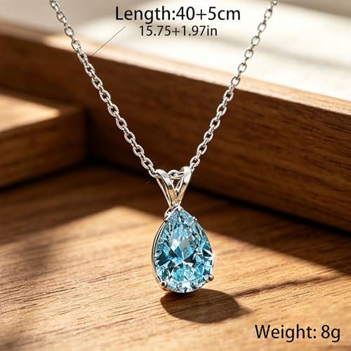 Women's Dainty Blue Teardrop CZ Pendant Necklace, 925 Silver Plated Cubic Zirconia Choker Necklace, Fashion Jewelry, Suitable for Party, Wedding, Daily Wear, Thoughtful Gift for Women