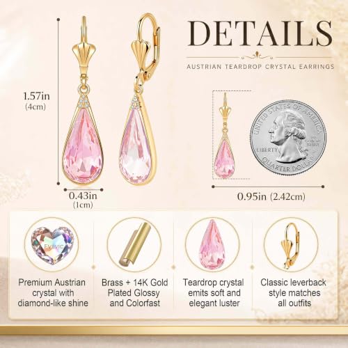 Teardrop Austrian Crystal Leverback Dangle Drop Earrings for Women | 14K Gold Plated,Classic Teardrop Elegance,Leverback for Easy Secure Wear,Gift Box Included, Brighten Up Daily and Party Looks - color: Pink